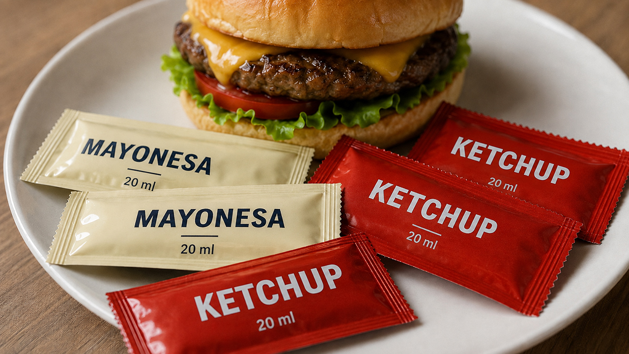 Sobres monodosis de ketchup y mayonesa